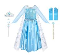La Reine des Neiges Elsa Costume et Accessoires Gants Couronne Baguette Tresse Robe Longue Deguisement pour Fille - Bleu - Taille 150cm, 7-8ans