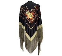 La Senorita Châle de danse flamenco espagnol noir doré orange avec franges dorées et noires - Flecos Doble