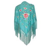 La Senorita Châle de danse flamenco espagnol vert d'eau avec plusieurs fleurs colorées, Vert d'eau, M