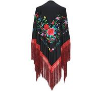 La Senorita Foulard Ceinture Chale De Danse Flamenco Broderie Frange double noir fleurs colorées