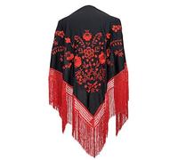 La Senorita Foulard Ceinture Chale De Danse Flamenco Broderie noir rouge Franges rouge Large