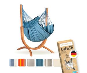 LA SIESTA® - Chaise Suspendue Udine en Coton Biologique avec Support en Bois - Fait Main, indéchirable - Fauteuil Suspendu Interieur avec Support en Eucalyptus certifié FSC - Blue Zebra