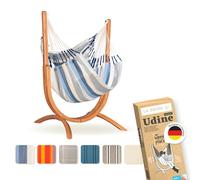 LA SIESTA® - Udine Fauteuil Suspendu Outdoor avec Support en Bois - Fait à la Main, résistant à la déchirure - Support en Eucalyptus certifié FSC - Fauteuil Suspendu extérieur avec Support - Sea Salt