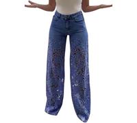 La Taille Large de la Femme d'été pour Femmes étire Les Jeans Droits des années 90 Fashion Dentelle de la Mode Patchwork Patchwork Jeans Party Clubwear (Un Bleu,Grand)