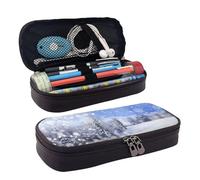 La trousse à crayons en cuir imprimé paysage d'hiver avec fermeture éclair est très adaptée pour un usage quotidien., Noir , Taille unique, Trousse de maquillage