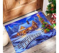 La Veille Noël Paillasson Interieur Entree 60 X 90 Cm, Sapin Noël, Maison en Rondins Tapis D'Entrée Antidérapant Et Lavable en Machine, Tapis De Sol Absorbantes Bleu Foncé pour Chien, Porte, Couloir