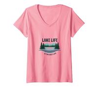 La Vie au lac est la Meilleure des Vies - Nature Lover's T-Shirt avec Col en V, Femme, Rose, L