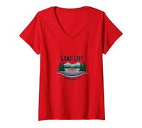 La Vie au lac est la Meilleure des Vies - Nature Lover's T-Shirt avec Col en V, Femme, Rouge, XL