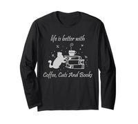 La Vie avec Les Chats, Le café et Les Livres Lire la littérature Manche Longue