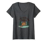 La Vie est Meilleure à The Cabin Rustic Outdoors Retreat T-Shirt avec Col en V, Femme, Chiné Foncé, M