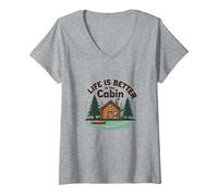 La Vie est Meilleure à The Cabin Rustic Outdoors Retreat T-Shirt avec Col en V, Femme, Gris Chiné, XXL