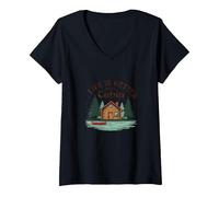 La Vie est Meilleure à The Cabin Rustic Outdoors Retreat T-Shirt avec Col en V, Femme, Noir, L