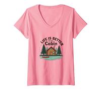 La Vie est Meilleure à The Cabin Rustic Outdoors Retreat T-Shirt avec Col en V, Femme, Rose, L