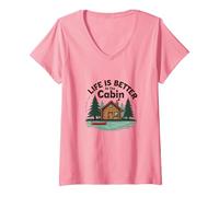 La Vie est Meilleure à The Cabin Rustic Outdoors Retreat T-Shirt avec Col en V, Femme, Rose, M