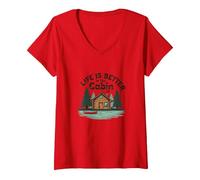 La Vie est Meilleure à The Cabin Rustic Outdoors Retreat T-Shirt avec Col en V, Femme, Rouge, L