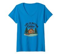 La Vie est Meilleure à The Cabin Rustic Outdoors Retreat T-Shirt avec Col en V, Femme, Saphir, XL