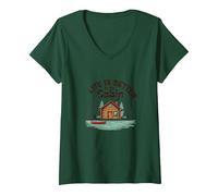 La Vie est Meilleure à The Cabin Rustic Outdoors Retreat T-Shirt avec Col en V, Femme, Vert Forêt, XL