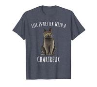 La Vie est Meilleure avec Un Amoureux des Chats de Chartreux T-Shirt, Homme, Bleu Chiné, L