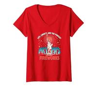 La Vie, la liberté et la Poursuite des Feux d'artifice T-Shirt avec Col en V, Femme, Rouge, L