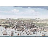 La ville de Batavia dans l'île de Java. Après une impression colorée à la main datée de 1754. La capitale Batavia des Indes orientales néerlandaises est aujourd'hui la capitale moderne de Jakarta de
