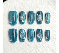 LA2OsOvale Lot de 10 faux ongles artificiels faits à la main effet œil de chat bleu saphir réutilisables