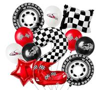 Laackys Ballon numérique en aluminium de 101,6 cm sur le thème de la course, avec motif à carreaux noirs et blancs et éléments de course rouges, parfait pour les décorations de fête d'anniversaire et