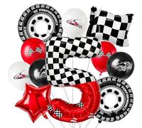 Laackys Ballon numérique en aluminium de 101,6 cm sur le thème de la course, avec motif à carreaux noirs et blancs et éléments de course rouges, parfait pour les décorations de fête d'anniversaire et