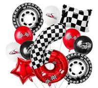 Laackys Ballon numérique en aluminium de 101,6 cm sur le thème de la course, avec motif à carreaux noirs et blancs et éléments de course rouges, parfait pour les décorations de fête d'anniversaire et