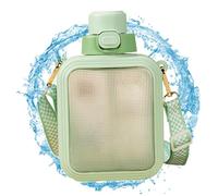 LAANCOO Bouteille d'eau carrée, 700 ml bouteille d'eau carrée mignonne avec paille et bracelet, autocollant de dessin animé buvant pour les filles (vert), mignon, plat