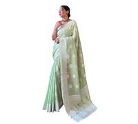 Laavaan Sari en soie de coton à carreaux pour femme avec chemisier non cousu, Vert pastel, taille unique