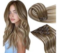 LaaVoo Clip Extension Cheveux Humains 7pcs/120g 16pouce/40cm Extension Clip Vrais Cheveux Balayage Blond Platine a Brun Clair Double Weft Extension Clip in Human Hair #8/60/8