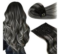 LaaVoo Extension Cheveux Naturel Clip 55cm Noir Balayage 120g 7pcs Extension Clip Cheveux Naturel Vrais Humain Noir a Silver Ombre Remy #1b/s/1b