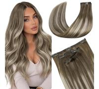 LaaVoo Extension Cheveux Naturel Clip Brun Clair Balayage Platine 7pcs 100g 45cm Sans Couture Extension Cheveux Humain Clip Vrais Marron Clair Ombre Platine Remy #8/60/8