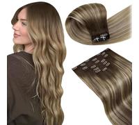 LaaVoo Extension Cheveux Naturel Clip Brun Foncé Balayage Marron Moyen Doré 7pcs 135g 40cm Extension Clip Cheveux Vrais Humain Marron Ombre Platine Remy #3/8/24