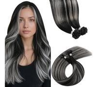 LaaVoo Extension Cheveux Naturel Keratine Noir a Silver Balayage 50 Mèche 35cm 50g Extension Cheveux Humain Keratine Vrais Noir Ombre Silver Lisse #6/8/14