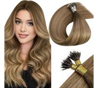 LaaVoo Extension Cheveux Naturel Nano Ring Brun Clair Balayage 35cm 50g 50 Meche Nano Loop Extension Cheveux Humain Froid Brun Clair Blonde Dorée Ombre Remy #8/16/8