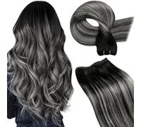 LaaVoo Extension Cheveux Naturel Tissage Noir Balayage Extension Tissage Naturel Cheveux Humain Noir à Blanc Argenté Ombre 35cm 80g Human Hair Boho Braids Tissage Extension Lisse #1b/s/1b