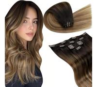LaaVoo Extension Clip Cheveux Naturel - Balayage Marron Foncé à Marron Cendré - 30cm 5pcs 80g - en Balade Clip Pratique - Idéal Cheveux Courts - Remy - Style Compact - #2/6/18