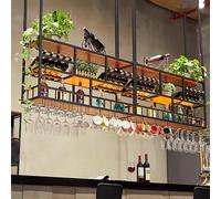 Labasuan Grand casier à vin Suspendu au Plafond avec Porte-Verres et étagère, étagère de Bar Suspendue multifonctionnelle avec Bande LED, Support de Rangement Rustique pour Bouteilles(240cm)