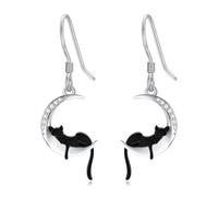 LABBAO Boucles d'oreilles diamant avec lune et chat noir pour femme en argent sterling 925 - Boucles d'oreilles pendantes avec diamant Lab-Grown - Bijoux cadeaux