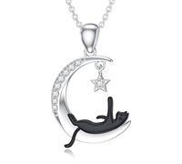 LABBAO Chaîne diamant lune, étoile et chat noir pour femme en argent sterling 925 avec pendentif chat noir avec pendentif en diamant lab-grown bijoux cadeaux