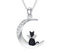 LABBAO Collier d'ange en argent sterling 925 avec pendentif en forme de lune et chat noir pour femme avec pendentif en forme de chat noir