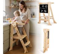 Labebe Tour d'apprentissage pour Enfants, 3 en 1 Montessori Pliable Tour d Observation, Multifonctionnelle Réglable Tour d'apprentissage avec Tableau Double Face à partir de 1 an (Bois)