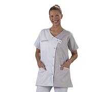 Label blouse Tunique blouse médicale couleur moderne 3 poches passe poiles Fermeture asymétrique Sergé 210 gramme Couleurs Blanc Gris Pressions couleurs Lavage Machine 90 degrés ou industriel, Blanc, Gris, T0-36