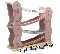 Label Label Piste à Billes avec Voitures Roses - Personnalisable I Cadeau de Naissance & baptême I Jouets en Bois Faits Main à partir de 1 an I Cadeaux personnalisés pour bébé