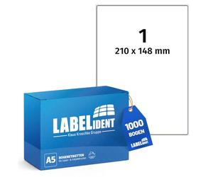 Labelident Étiquettes d'expédition sur feuille DIN A5, blanches, 210 x 148 mm, 1 000 étiquettes en papier sur 1 000 feuilles, étiquettes d'expédition autocollantes A5 pour DHL, DPD, Fedex, GLS, Hermes