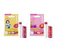 LABELLO lot 2 baumes à lèvres édition limitée Disney Princesse (2 x 4,8 g), Blanche Neige parfumé à la cerise & Raiponce parfumé à la fraise - Sticks à lèvres hydratants longue durée pour enfants