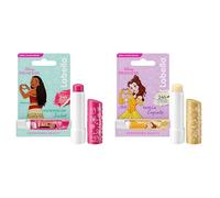 LABELLO lot 2 baumes à lèvres édition limitée Disney Princesse (2 x 4,8 g), Vaiana parfumé à la pasthèque & Belle parfumé à la vanille - Sticks à lèvres hydratants longue durée pour enfants
