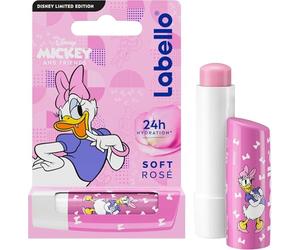 LABELLO Soft Rosé Daisy Duck édition limitée Disney (1 x 5,5 ml), Stick à lèvres nacré hydratant pour enfants, Baume à lèvres nourrissant hydratation longue durée