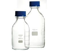 Laboratoire bouteilles 1000 ml Gl45 Economy, gradué, avec bouchon à vis et verser Bague en PP, EN VERRE borosilicate 3.3, complet, unité d'emballage